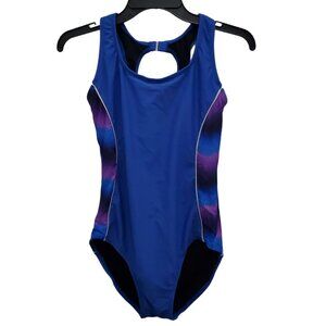 Catalina Women's Blue Purple Colorblock Sporty One Piece Swimsuit Size L (12-14)